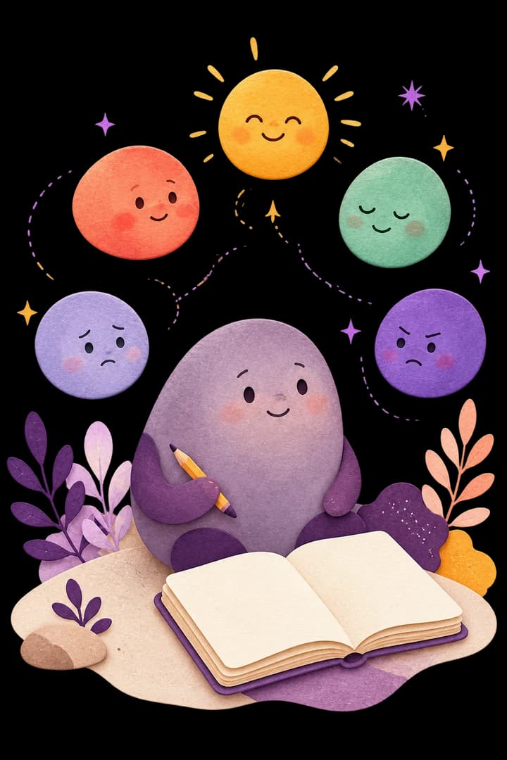 A calm journal companion surrounded by five expressive moods