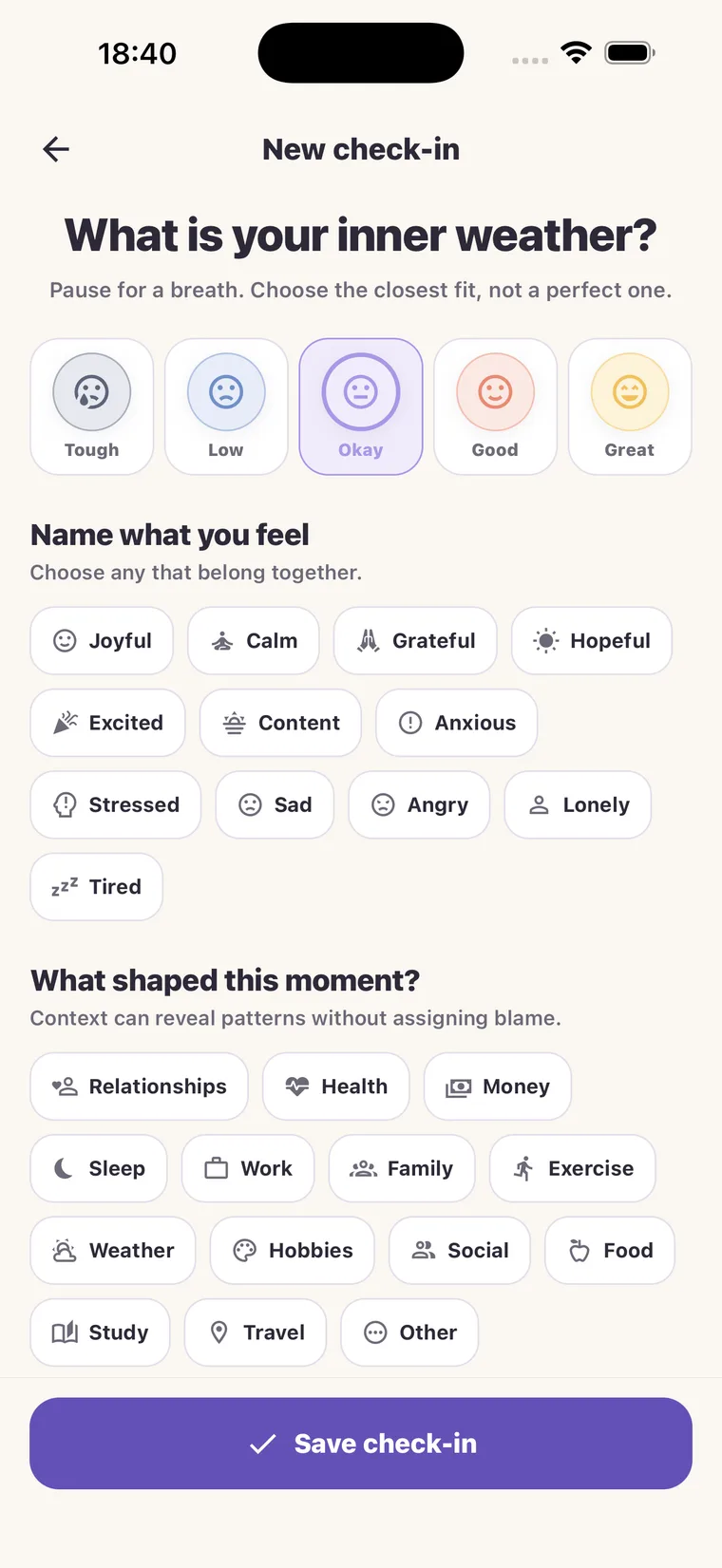 Mood Check-In editor with five moods, emotion tags, context, and an optional private note