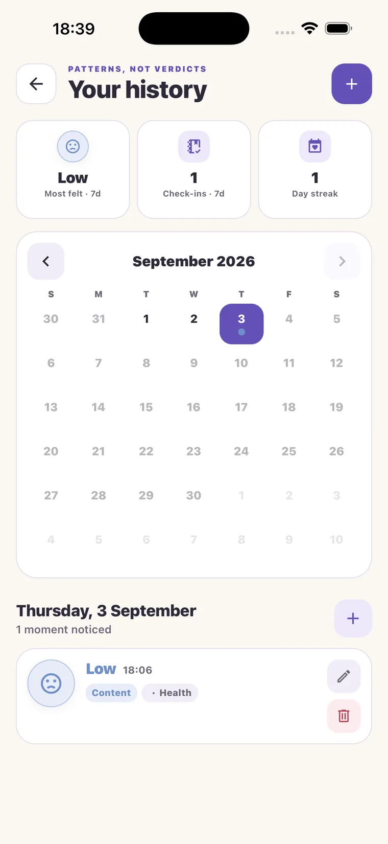 Mood Check-In history with a monthly calendar and simple seven-day summaries