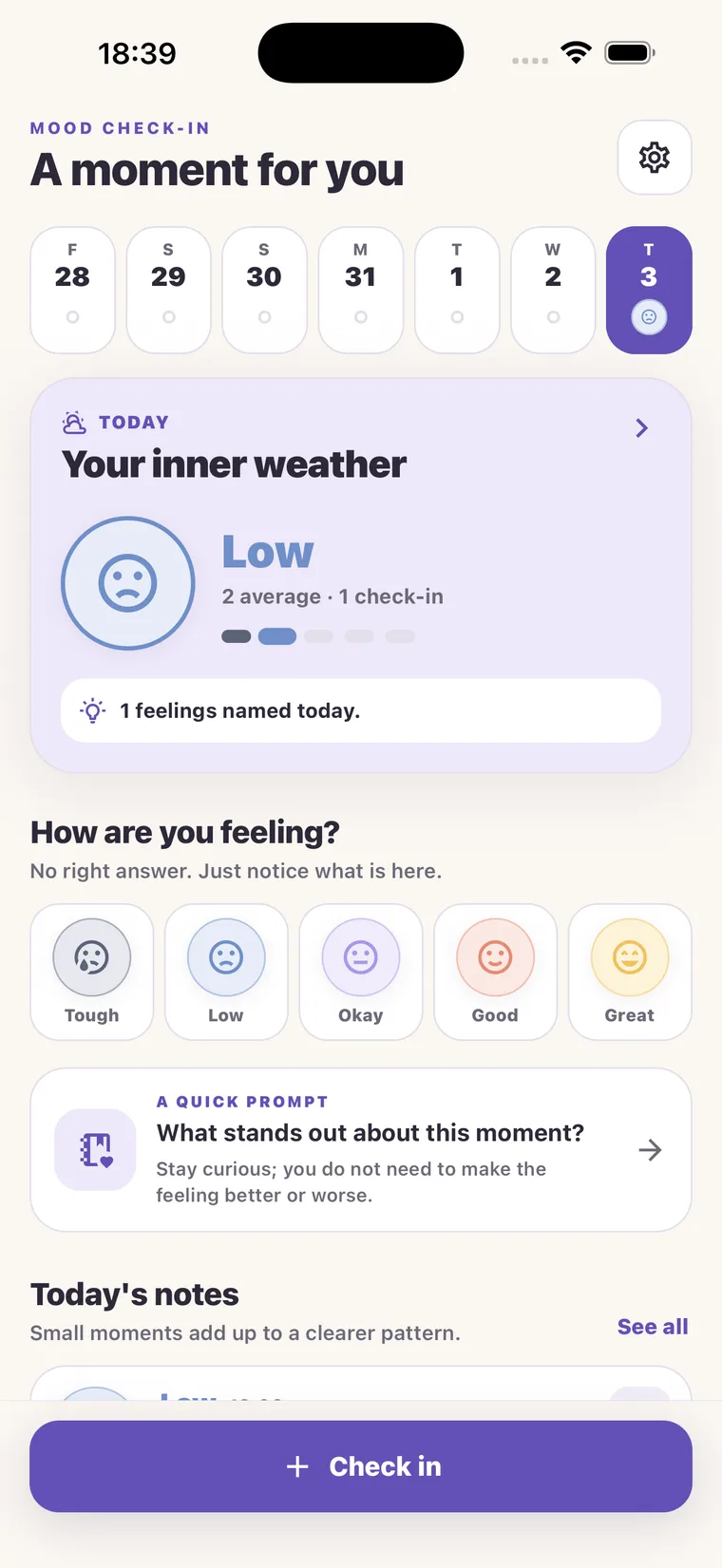 Mood Check-In home screen showing a weekly mood view, a reflection prompt, and a private daily check-in