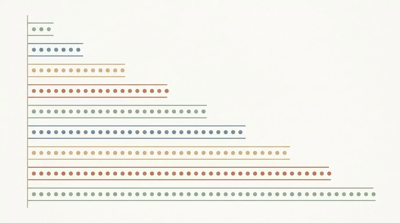 Nine rows of dots at very different lengths, comparing how many emotions each well known list of emotions contains