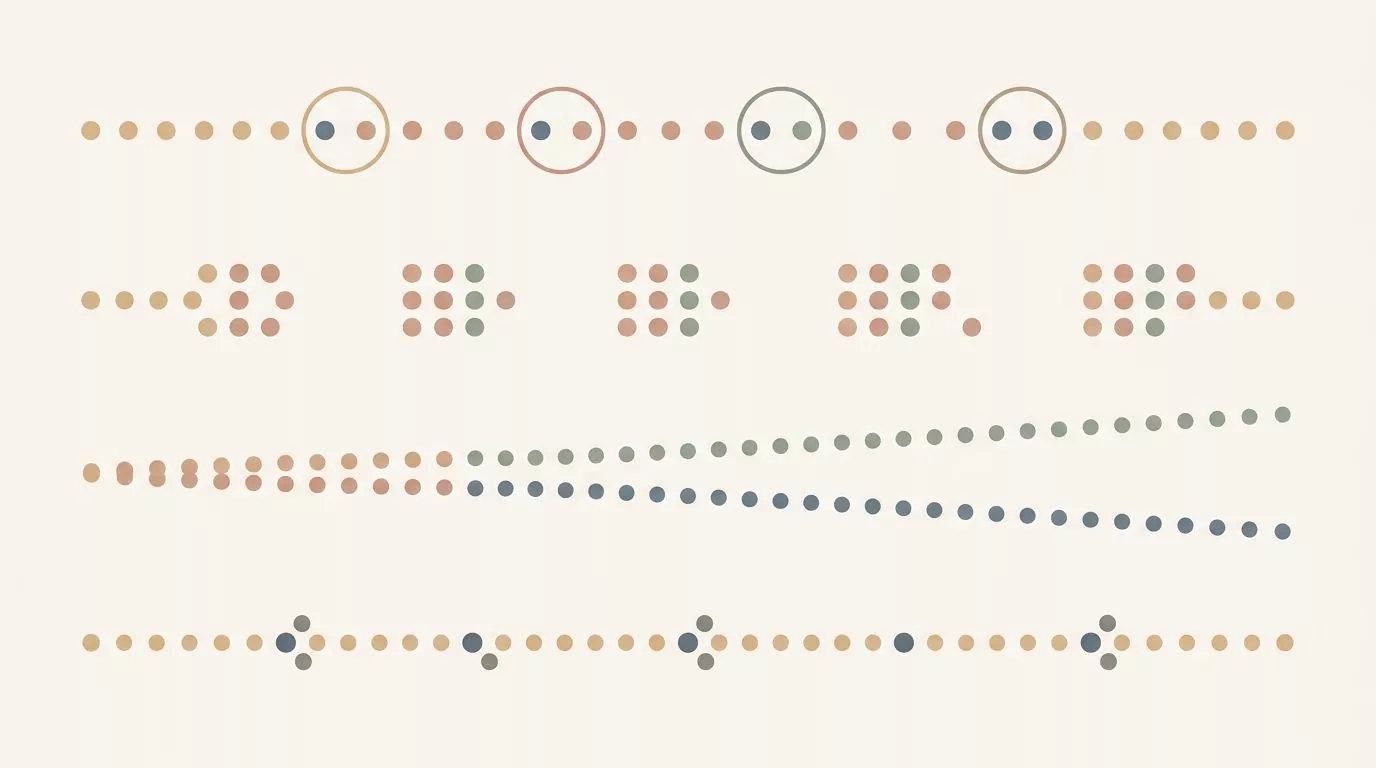 Four dotted timelines showing repeated words, clustered timing, drifting plans and paired tough days