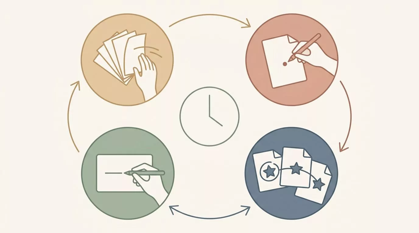 Four step monthly review loop around a clock: skim, mark, find repeats, write one sentence