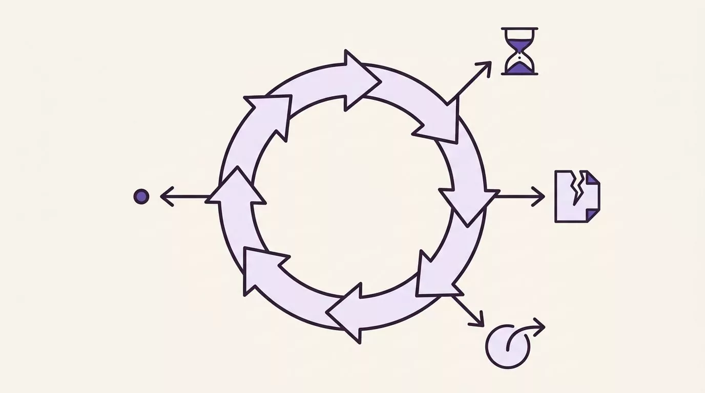 A closed loop of arrows with four exits: a timer, stopping mid page, changing subject, and naming the feeling