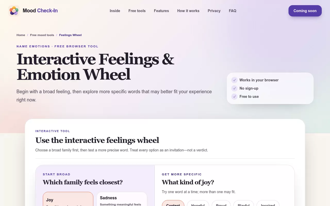Feelings wheel tool in a browser, narrowing a broad feeling down to a more exact word