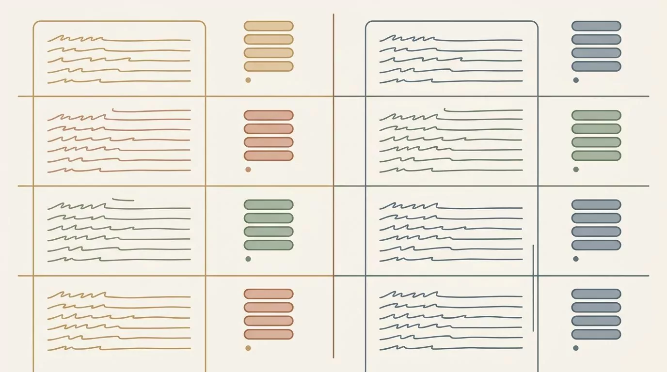 Rows pairing a page of long written journal lines with a small stack of mood check in tags