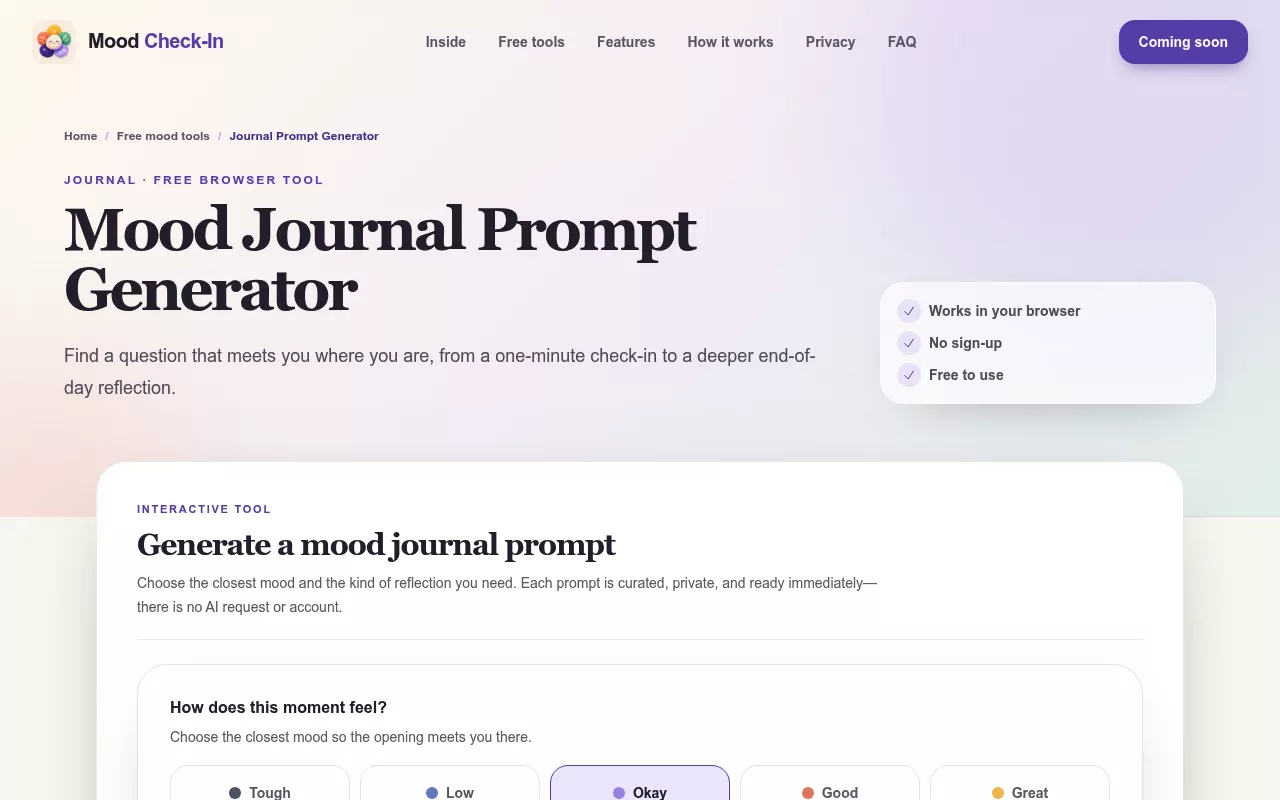 Journal prompt generator tool handing over one daily journal prompt chosen by mood