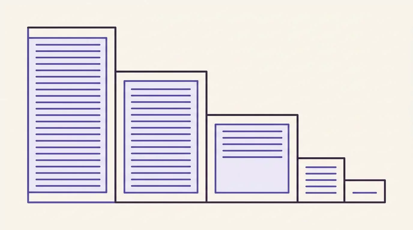 Five descending rungs of morning pages, from three full pages down to a single line